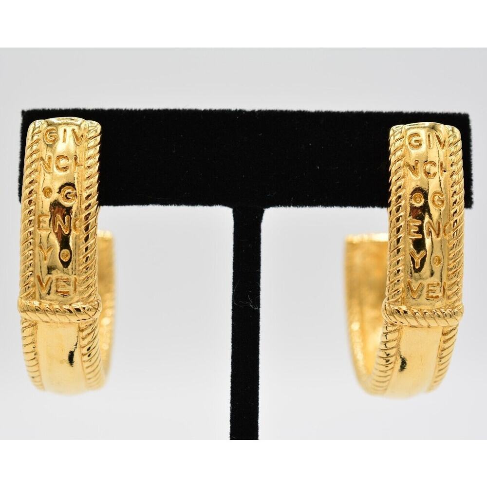 Givenchy Vintage Logo Clip On Earrings Chunky Dangle Gold Signed 1980s BinAF